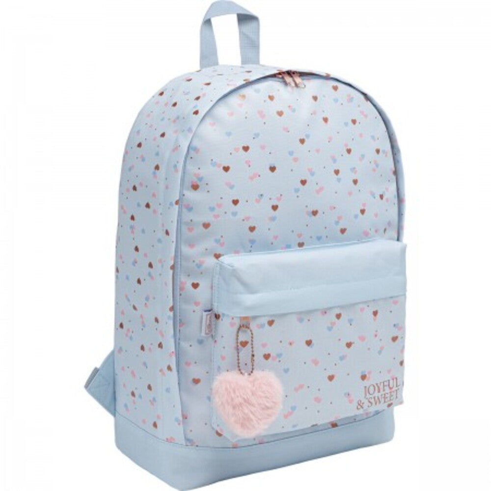 Mochila Escolar Joyful Azul con Pompón de Corazón – 290x430x120mm