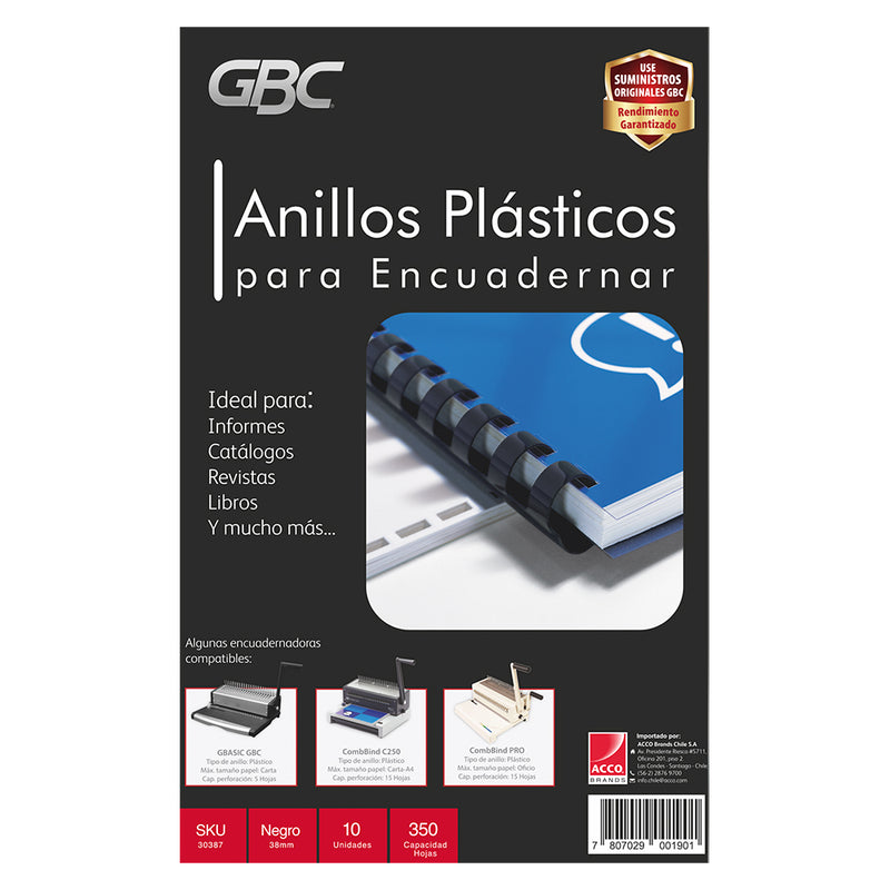 Pqte. Anillo Plástico Ibico 38mm Negro/ Capacidad 350 Hojas